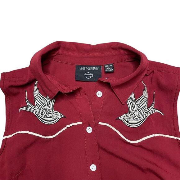 Harley-Davidson Moto Club Sleeveless Red Button Down Shirt Size Medium - Picture 6 of 12